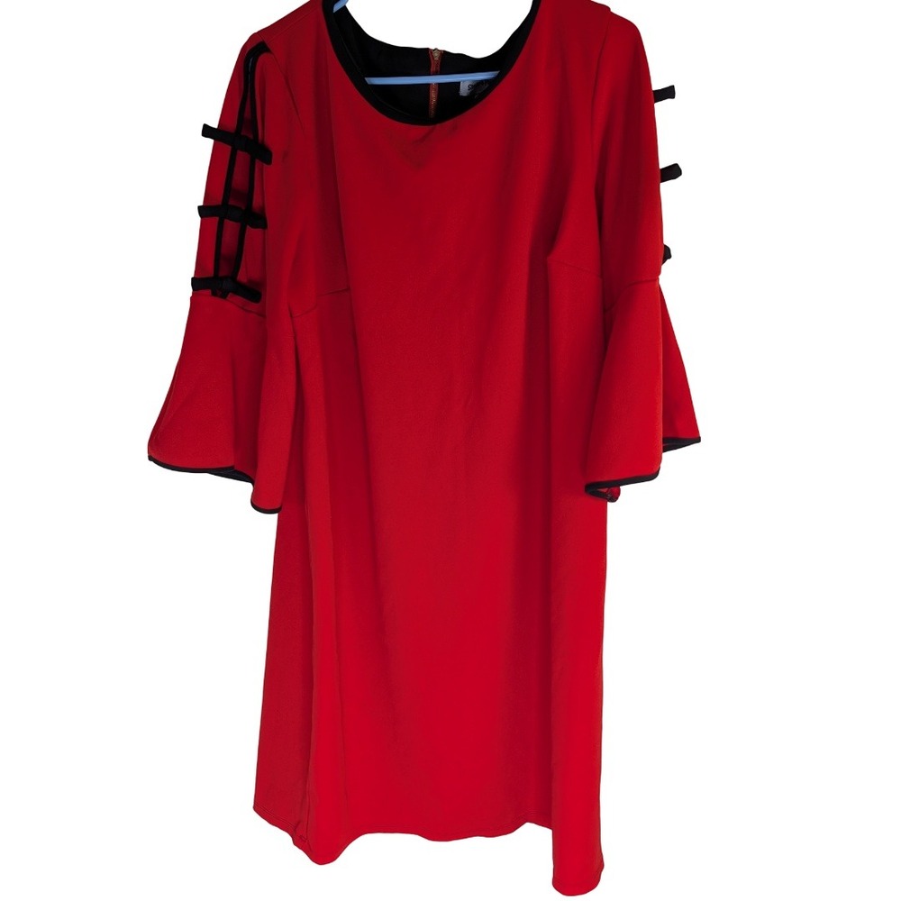 Shelby & Palmer Dress Womens 16W Red Black Bow Sleeve Bell Sleeve Shift Mini GC2